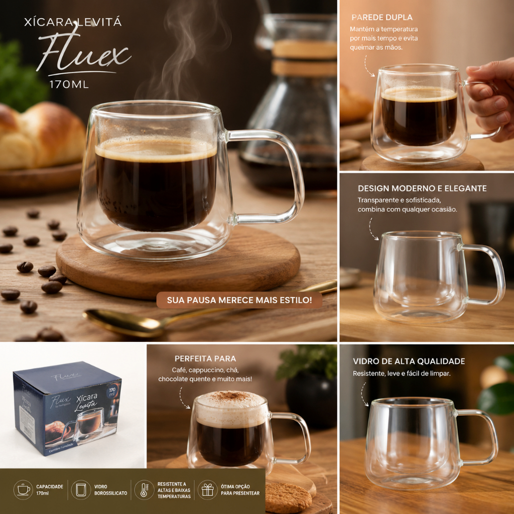 CANECA XICARA DE VIDRO BOROSSILICATO COM PAREDE DUPLA BISTRO PARA CAFE / CAPPUCCINO LEVITA FLUX 170ML
