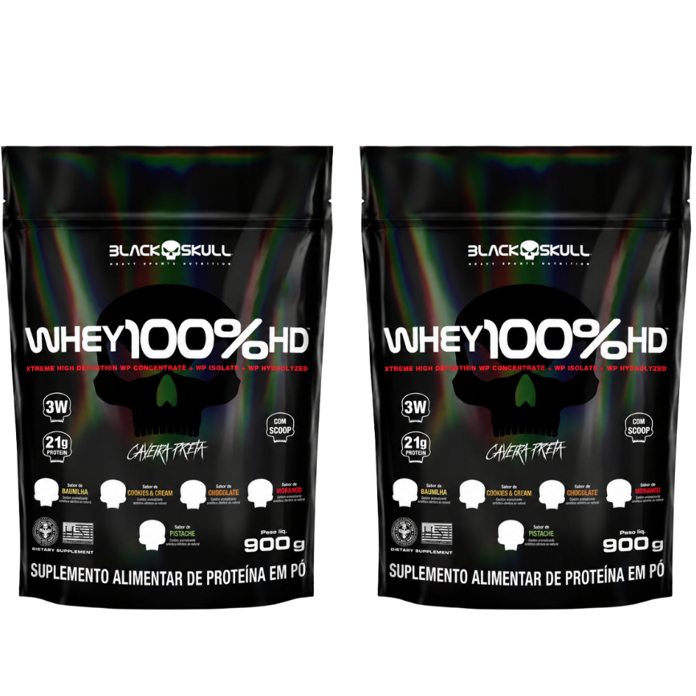 KIT 2x Whey Protein Black Skull 100% HD 900g | Suplemento | Academia | Massa Muscular Original envio Full