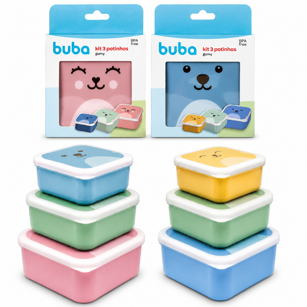 Kit 3 Potinhos Gumy Lancheira Infantil Buba Pote Marmita Papinha Desenho Bebê Criança