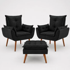 2 Poltronas Cadeira Estofada com Pés de Madeira Palito em Suede Várias Cores Com Puff Puf Opalla