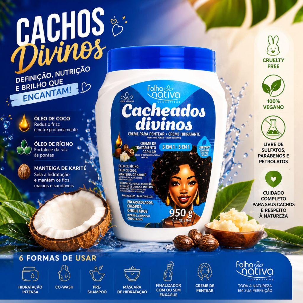 Creme Cacheados Divinos Folha Nativa 950g 3 em 1 Antifrizz Definição e Brilho