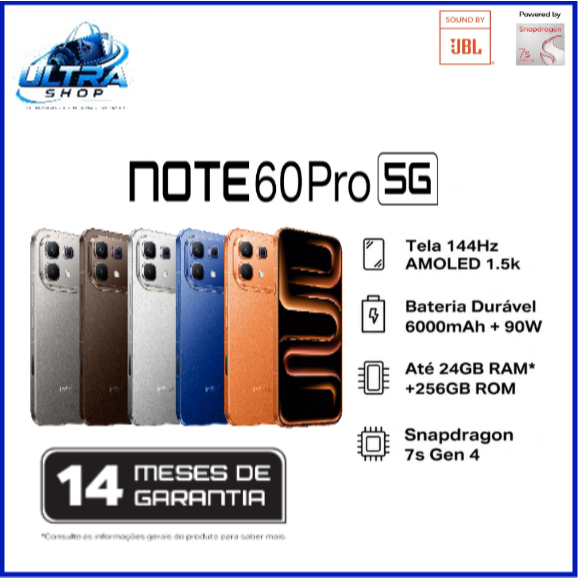 SMARTPHONE INFINIX NOTE 60 PRO 5G 256GB+ 8GB RAM NFC | Tela AMOLED 6.78” 144Hz | 50MP | 6000mAh | Carregador por Indução