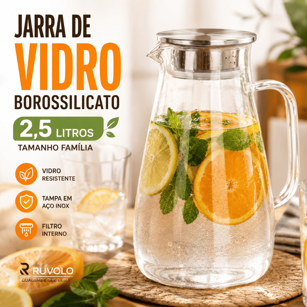Jarra de Vidro Borossilicato 2,5L Tampa Inox e Filtro Transparente Tamanho Familia Festas Decoração