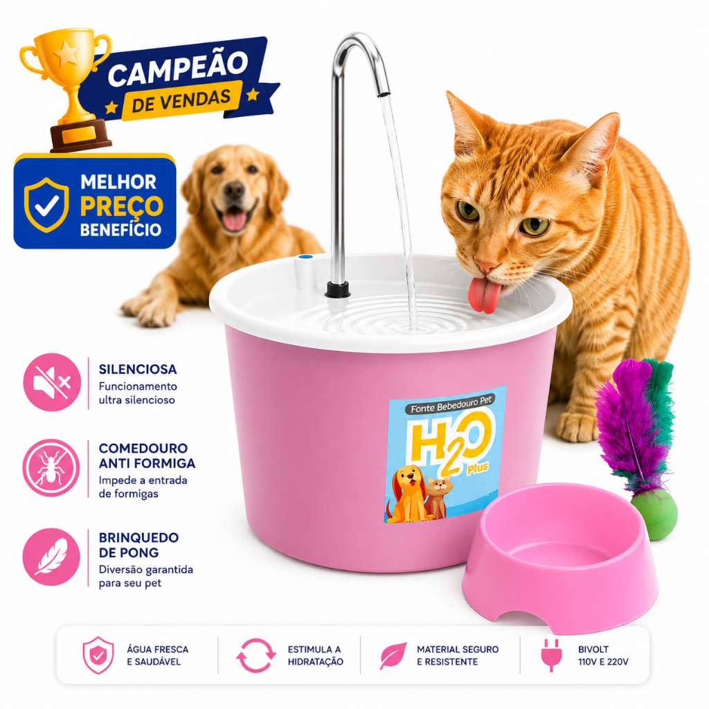 Fonte Bebedouro para Gatos e Cães H2O PLUS + Comedouro 600ml + Pong