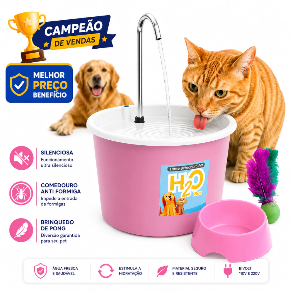 Fonte Bebedouro para Gatos e Cães H2O PLUS + Comedouro 600ml + Pong