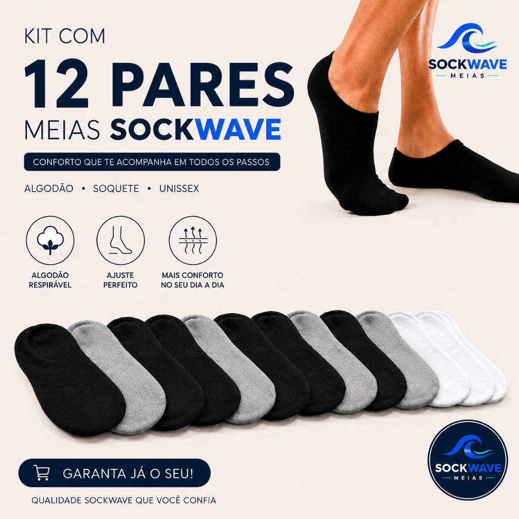 Kit de Meias Soquete Unissex SockWave | Conforto, Qualidade e Durabilidade. Kit com 3/6/9/12