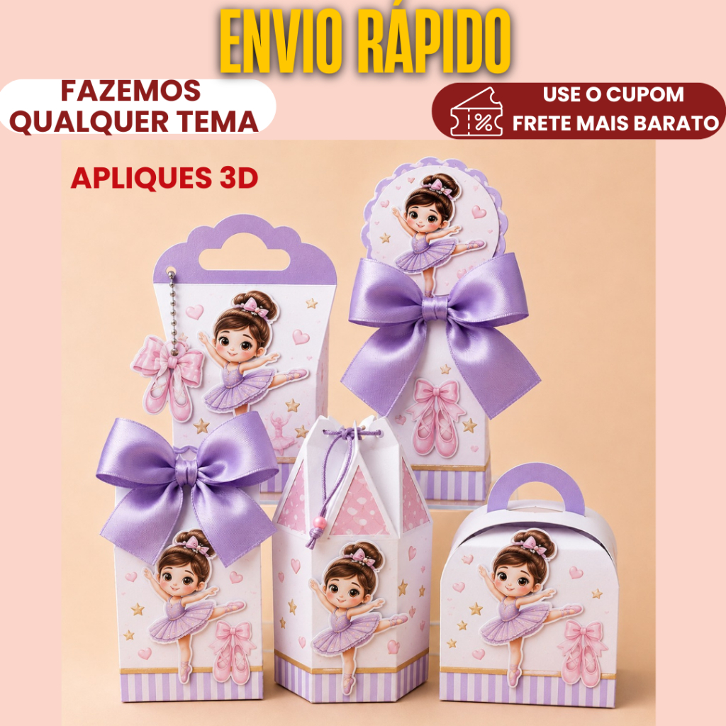 Kit Célebre Lembrancinha BAILARINA Personalizadas caixinhas para aniversário com apliques 3D│Pegue e Monte