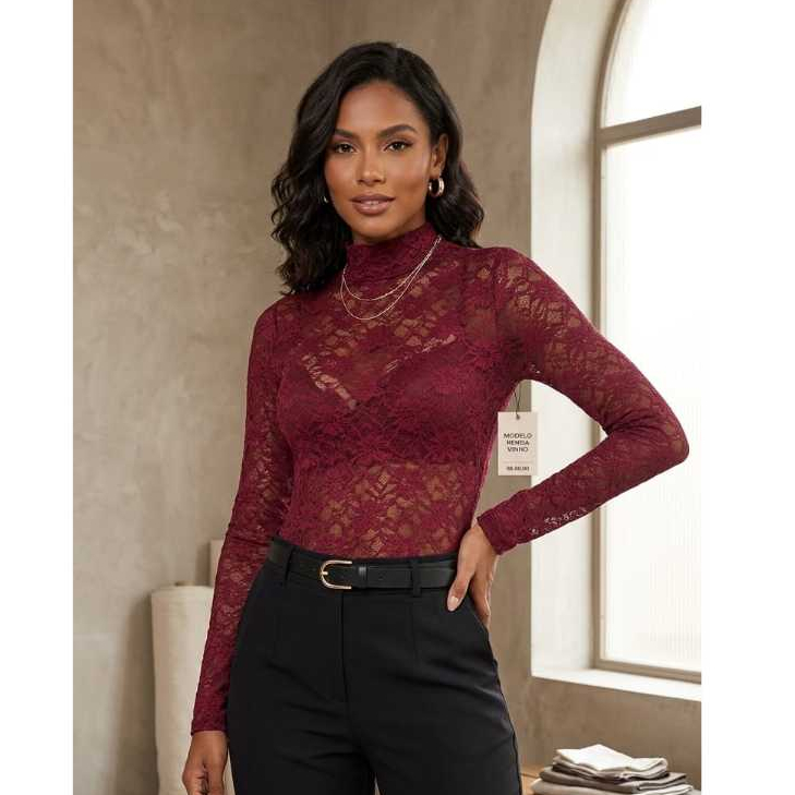 Body Renda Gola Alta Manga Comprida (Cores: Preto, Branco e Marrom,militar)Body Feminino de Renda FloraL