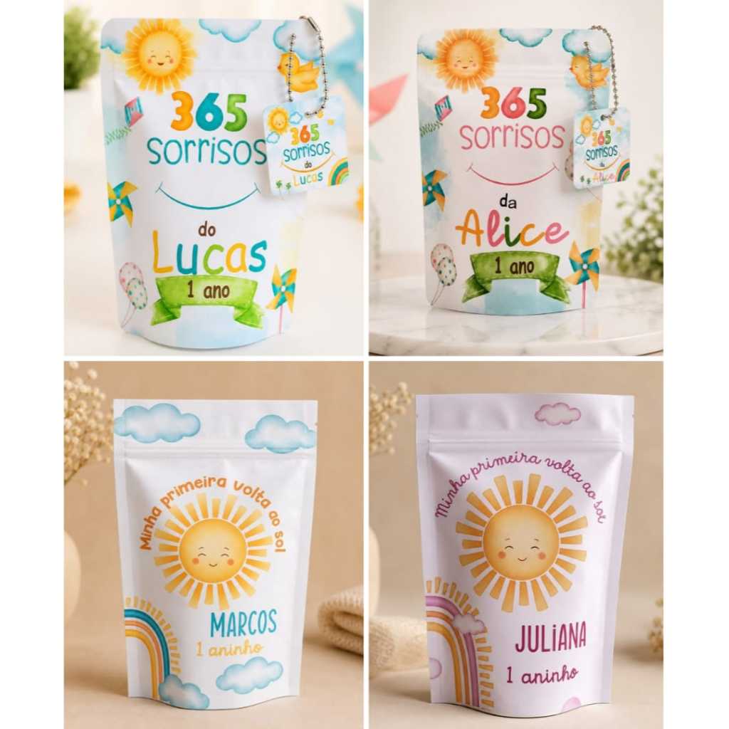 SAQUINHO METALIZADO ZIPLOCK PERSONALIZADO LEMBRANCINHA INFANTIL ANIVERSÁRIO 365 SORRISOS - MINHA PRIMEIRA VOLTA AO SOL