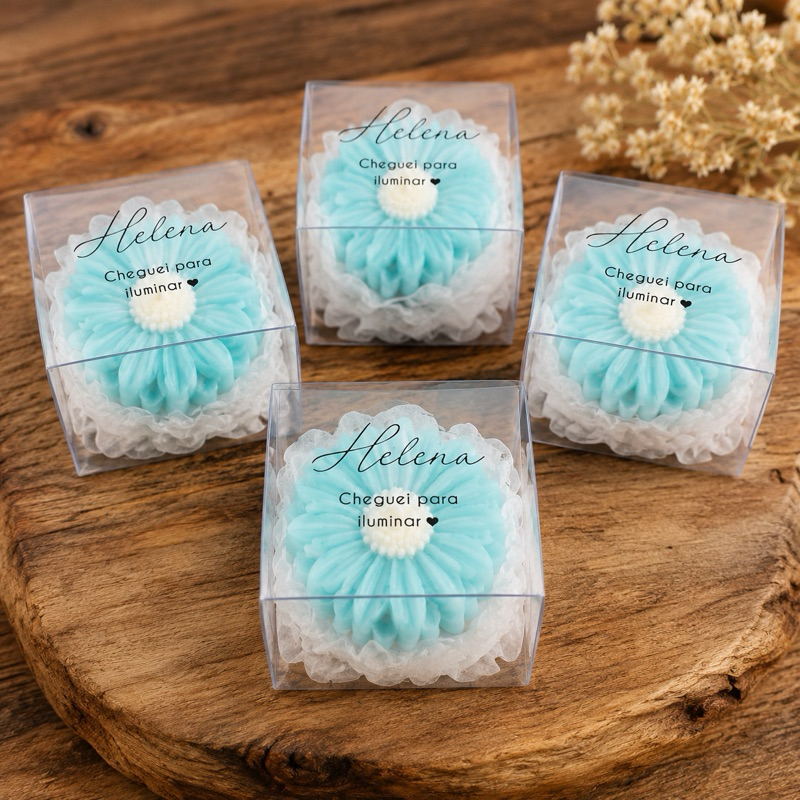 Vela Aromática Margarida 10 unidades  Personalizada na Caixa de Acetato | Lembrancinha Chá de Bebê e Maternidade