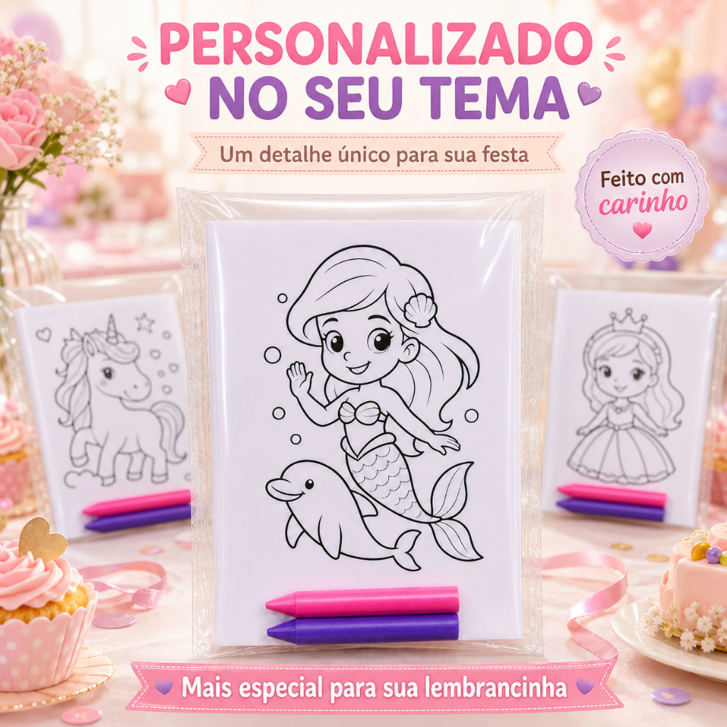 Kit Lembrancinhas de Colorir Personalizadas Princesas Cute, Tema à Escolha – Festa Infantil, Lembrancinha Aniversário