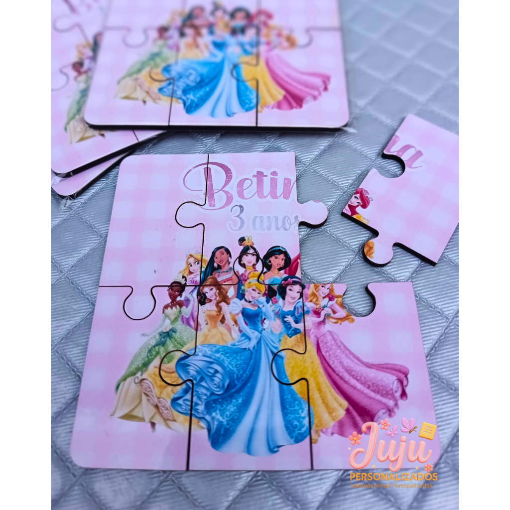 Mini Quebra-Cabeça MDF Personalizado 6 Peças – Lembrancinha Infantil Tema Princesas Disney