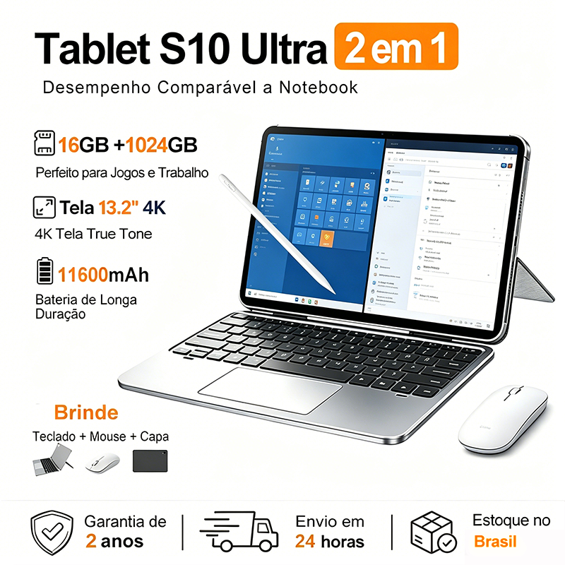Tablet Mate S10 Ultra 2 em 1 | Tela 13.2" 120Hz | 16GB RAM + 1TB | Snapdragon | 5G Dual Chip | Bateria 11600mAh