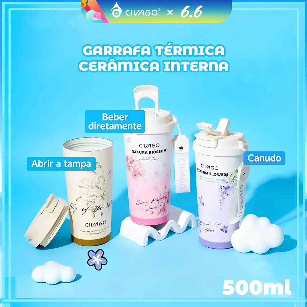 CIVAGO Copo Térmico 500ml Aço Inox 316 com Alça de Tecido e Estampa Fofa Tampa 2-em-1 antivazamento12h Quente/24h Frio