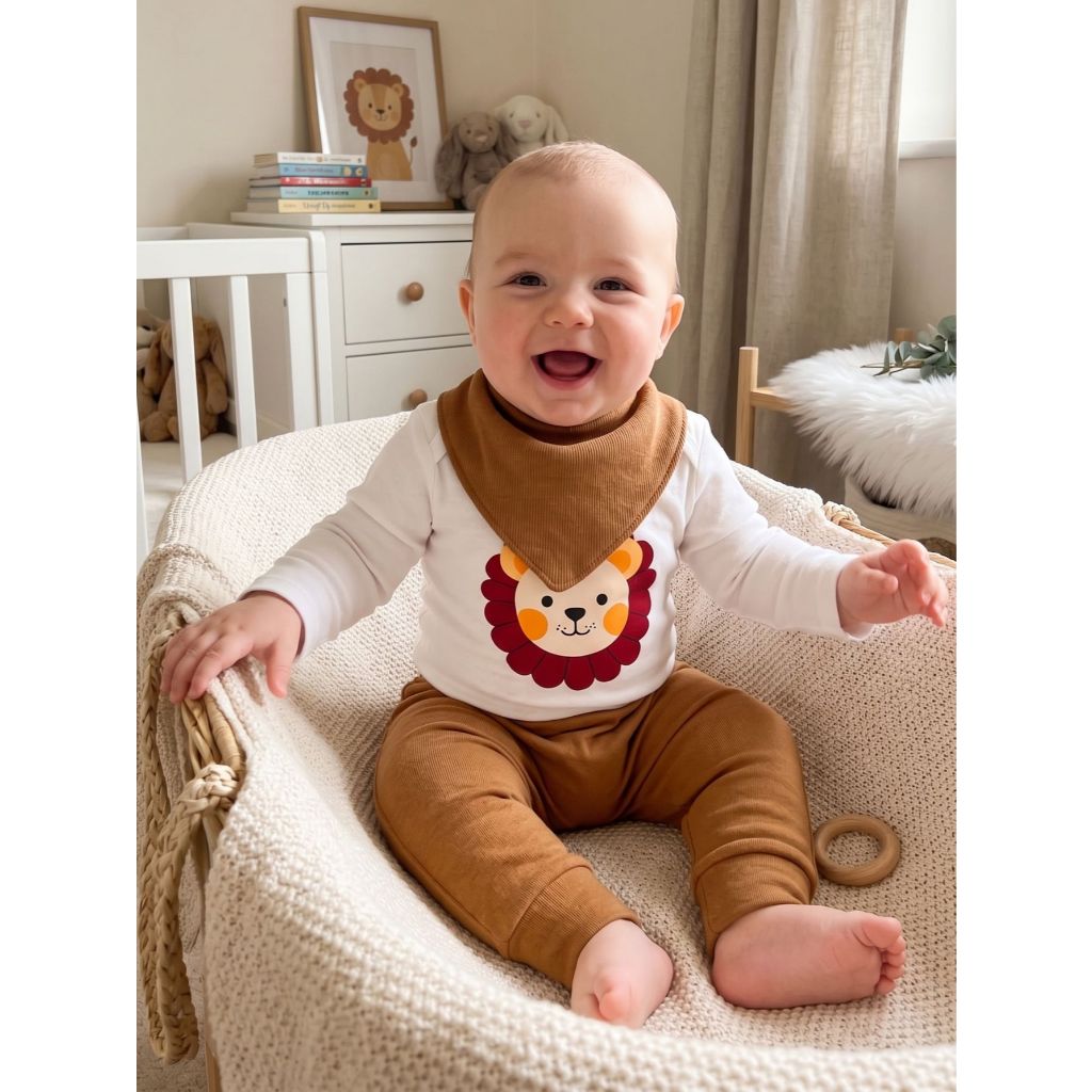 Conjunto Menino Bebê Urso e Leão Body Manga Longa Algodão Calça Babador Meia Estação Moda Infantil — imagem 2 de 2