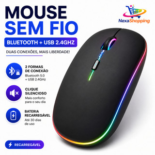 Mouse Sem Fio Bluetooth Recarregável RGB USB 2.4GHz Ergonômico para Notebook e PC