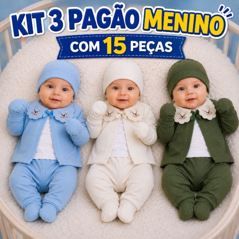 Kit 3 Conjunto Pagão com 15 peças Menino Recém-nascido e Gola Bordada 100% algodão