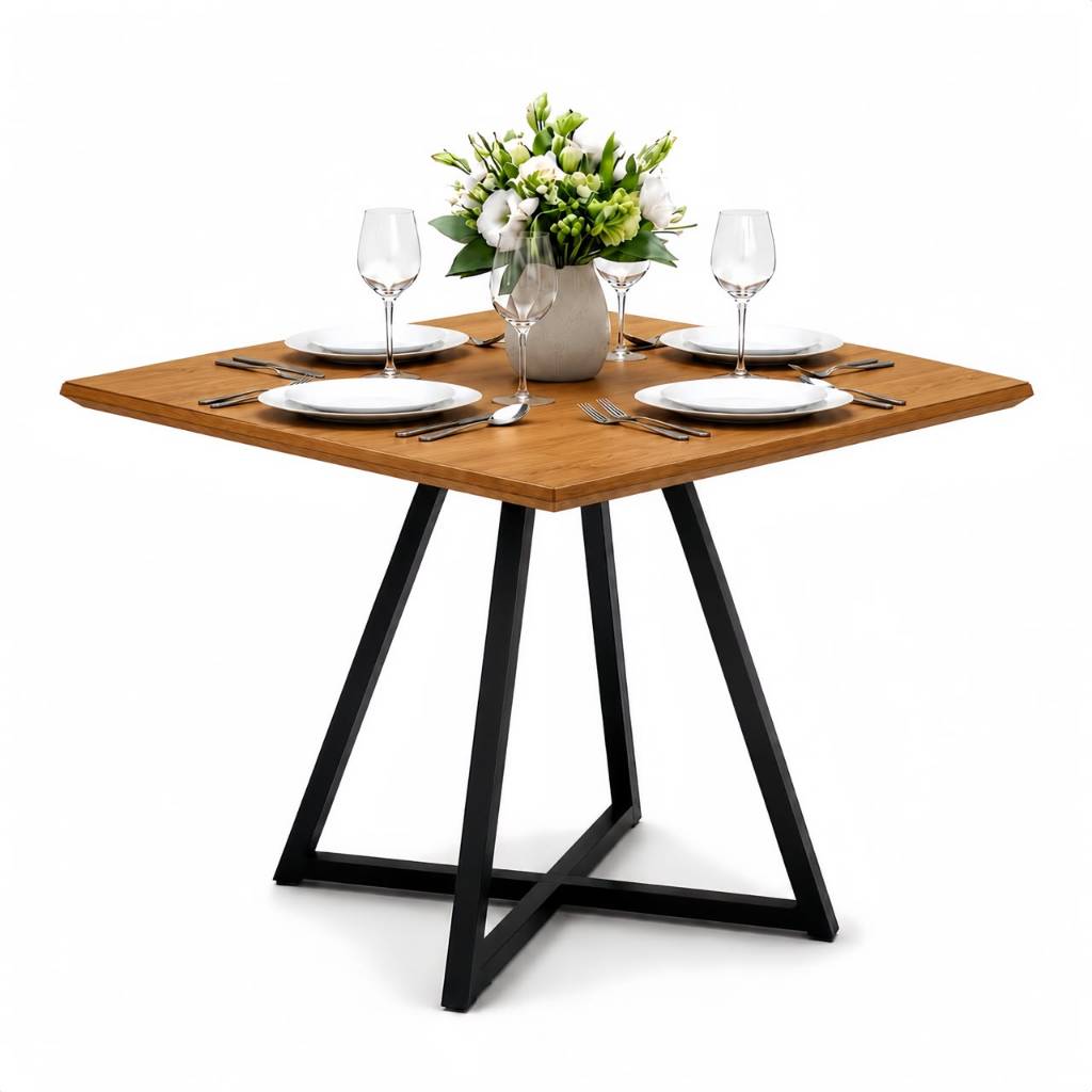 Mesa de Jantar Quadrada 90x90 MDF Industrial Moderna Pés Aço Preto Cozinha, Apartamento Área Gourmet