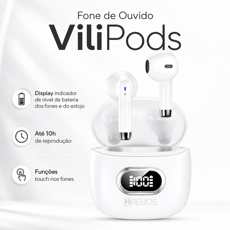 Fone sem Fio Bluetooth 5.3 TWS ViliPods Redução de Ruídos Hrebos Premium