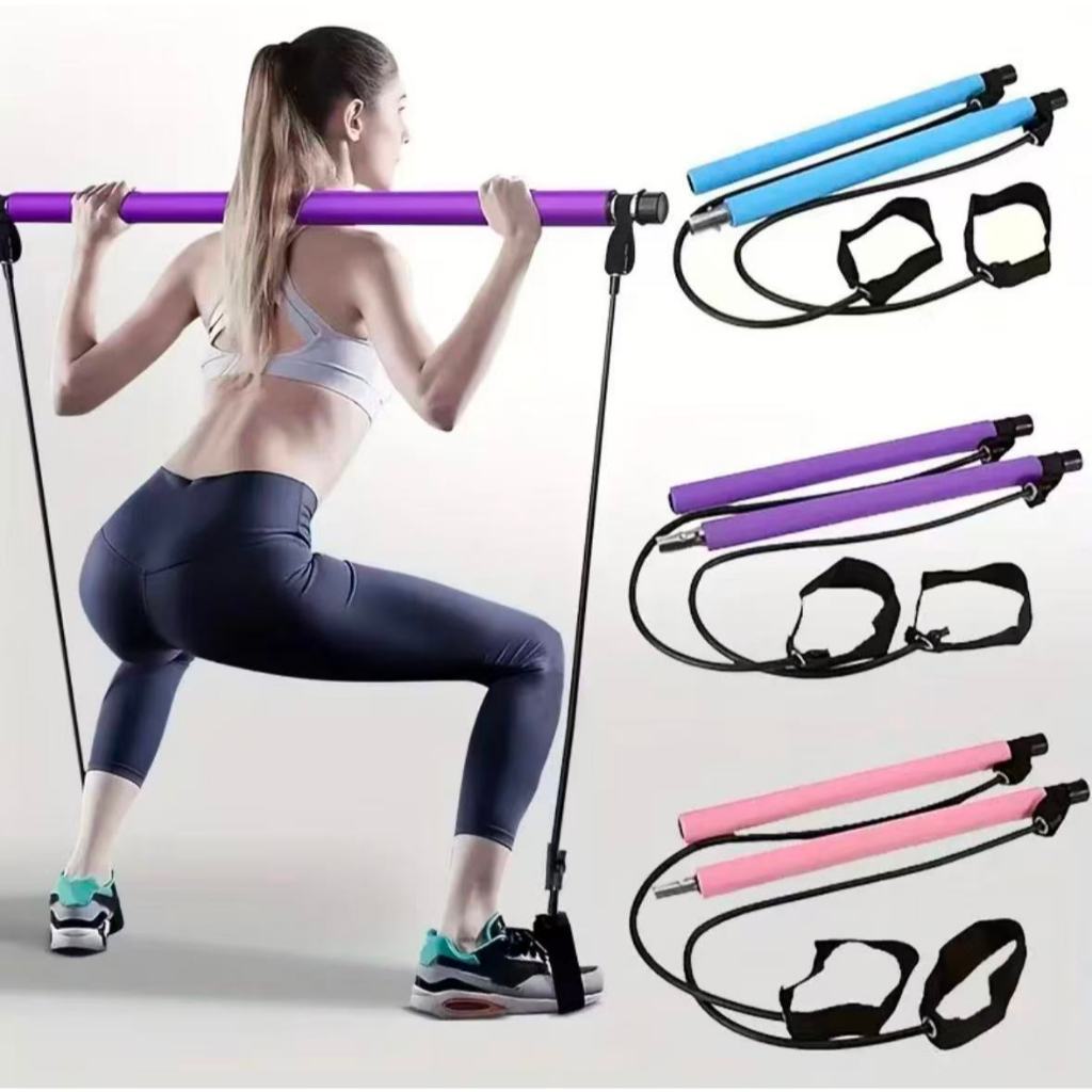 Barra de Pilates com Faixas Elásticas – Bastão para Exercícios Alongamento Treino Fitness Musculação