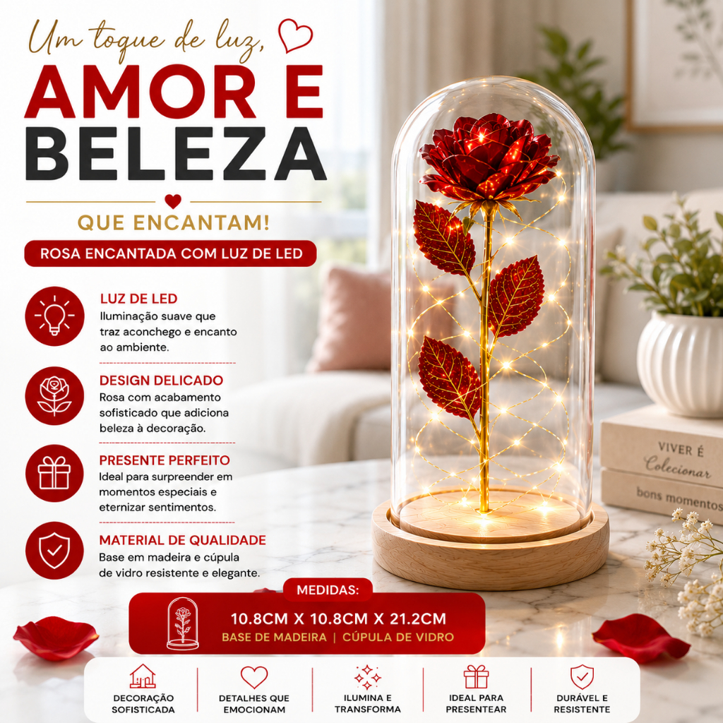Cúpula Rosa Luminária Led Base Madeira Bela e a Fera Presente Dia das Mães Dia dos Namorados