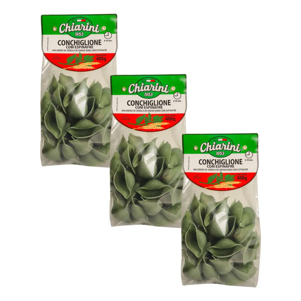 Kit 3x Macarrão Chiarini Conchiglione com Espinafre 400g | Massa de grano duro | Textura e sabor únicos