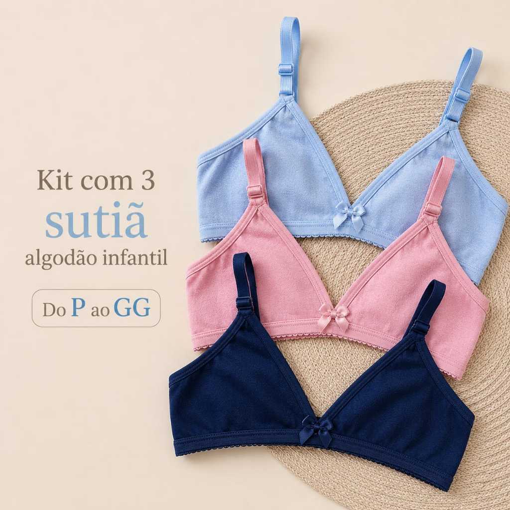 Kit Com 3 Sutiã Infantil Sem Bojo Forrado Menina Moça Sutiã Juvenil Algodão Confortável