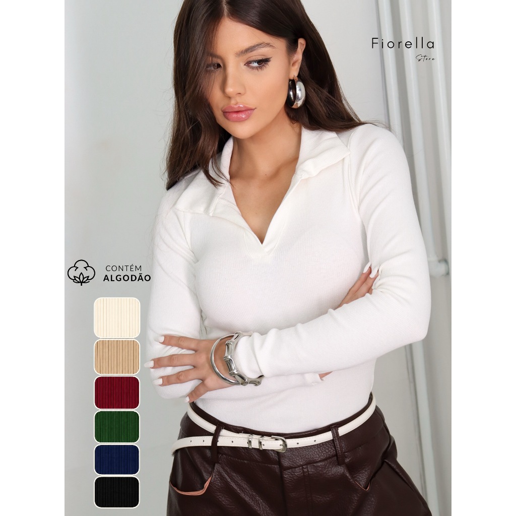Blusa Feminina Canelada Manga Longa Gola Polo Básica Inverno