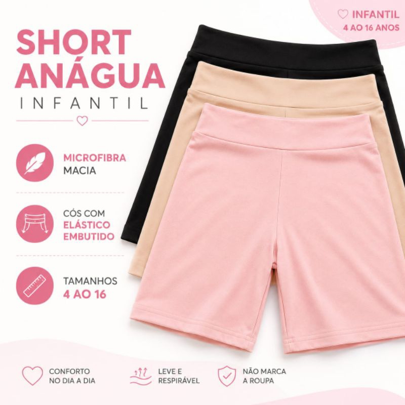 Kit 2 Short Anágua Infantil Menina 4 a 16 Anos Segunda Pele Cós com Elástico Não Marca