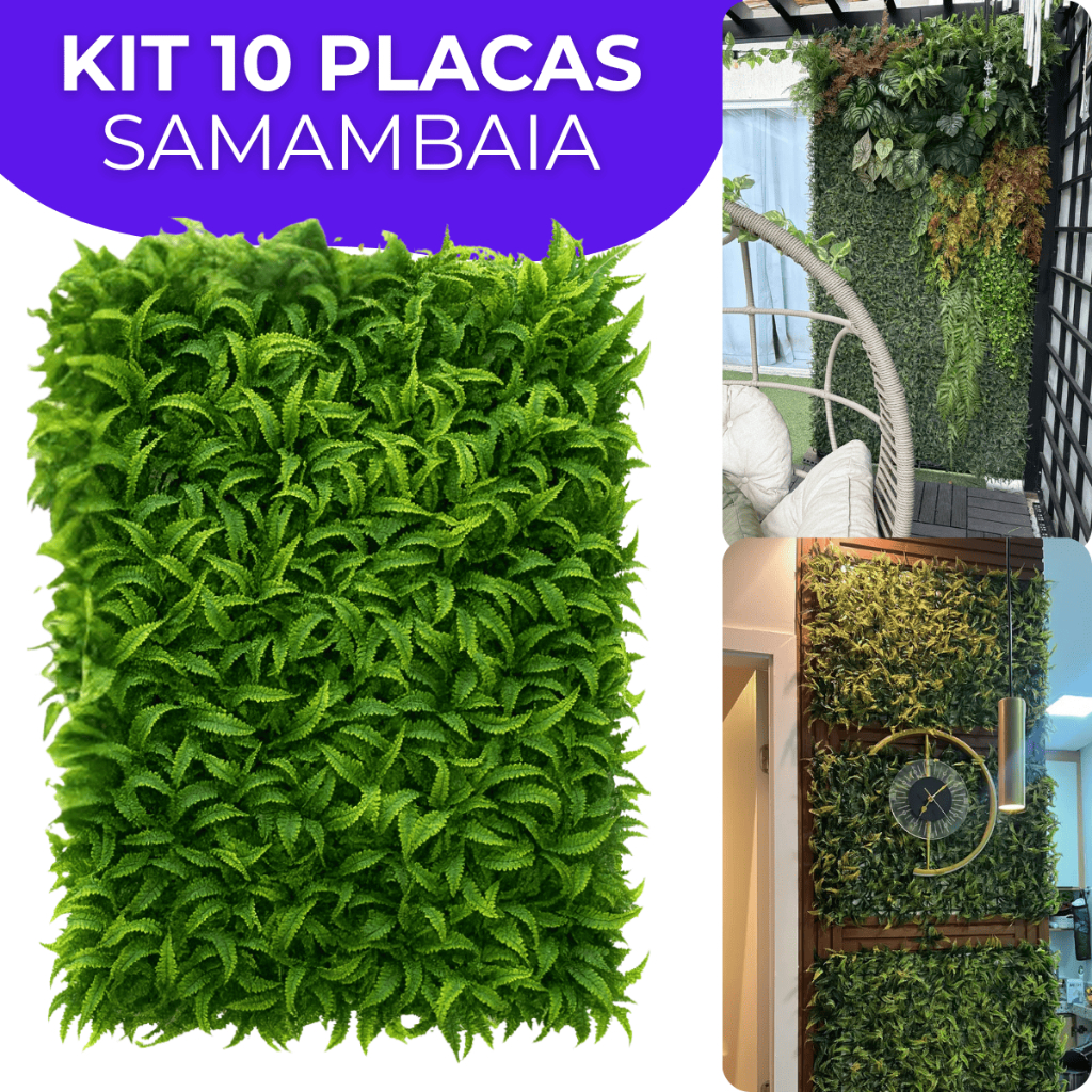 Kit 10 Placas Samambaia 60x40cm Cheia Grama Artificial Jardim Vertical Muro Inglês Parede Verde