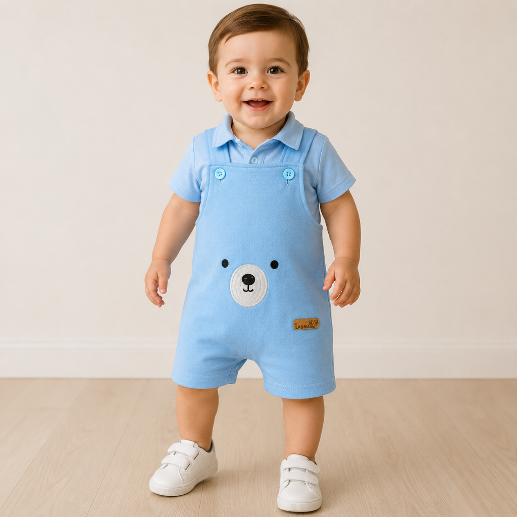 Conjunto Bebê Menino Jardineira e Camiseta Social Casual Algodão 0 a 12 Meses