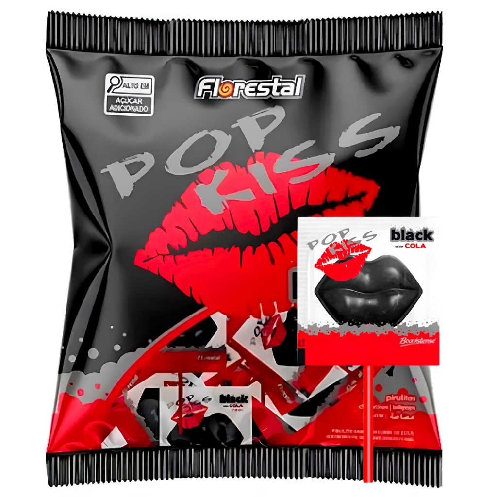 Pirulito Pop Kiss Black Sabor Cola C/50 Unidades 500g Florestal
