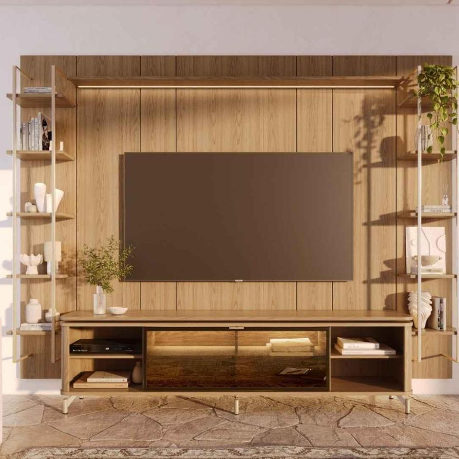 Estante para TV Home Theater 85" 100% MDF 291cm 1 Porta Vidro Reflecta com LED 10 Prateleiras Lincoln Float