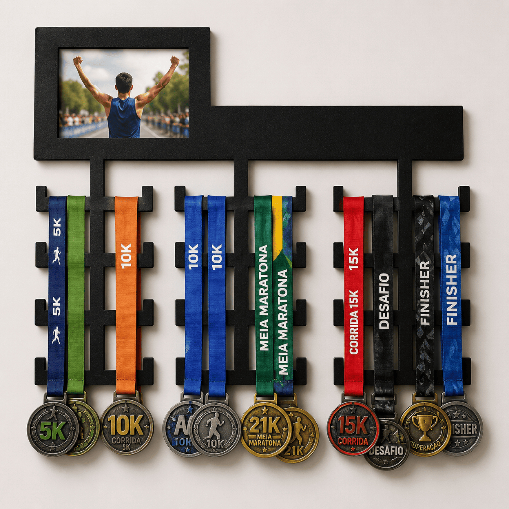 Porta Medalhas com Porta Retrato Fotos Suporte Parede Medalhas Mdf Preto 40x31cm