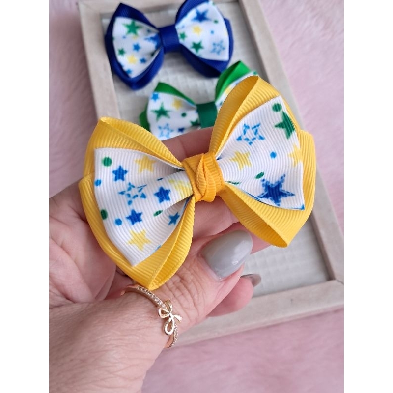 kit laços de cabelo infantil, amarelo, azul e verde. Copa do Mundo Brasil 2026