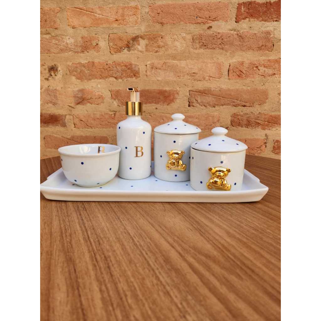 Kit higiene poás azul - Com aplique de ursinho - Inicial em ouro