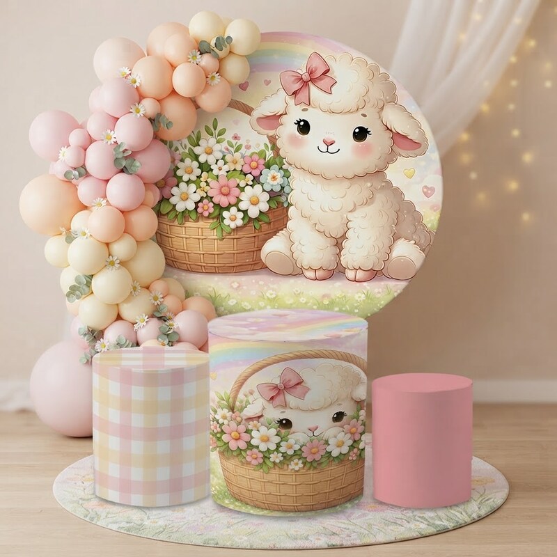 Kit Decoração Festa Ovelhinha Feminina Cute Poderosas Capa Painel Redondo + Trio Cilindros