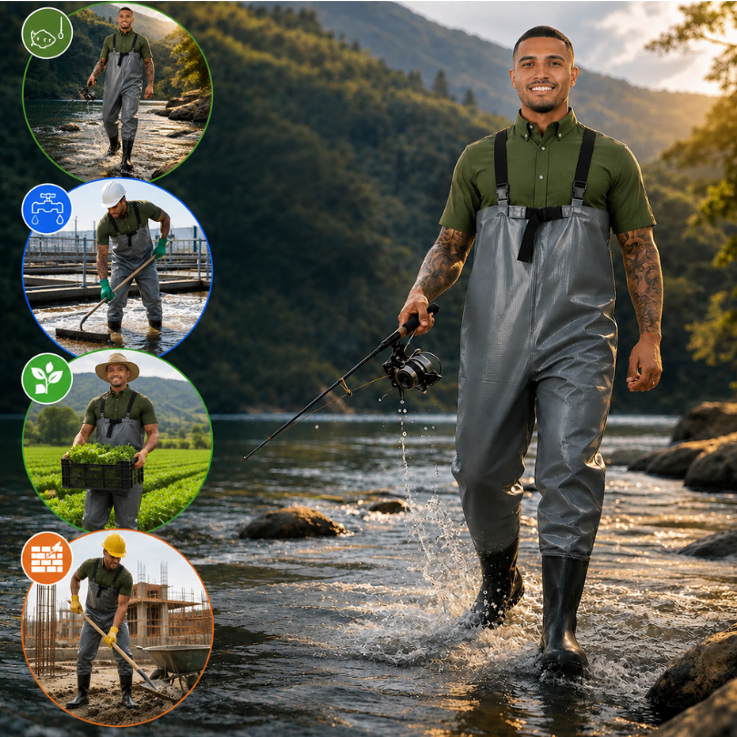 Jardineira Pesca Impermeável Saneamento Pescaria Com Bota Pescador Vulcanizado Macacão + Kit Reparo