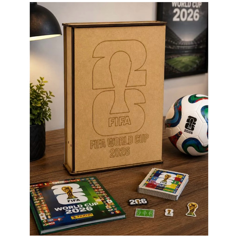 Caixa Organizadora Porta Álbum e Figurinhas copa do mundo fifa 2026 Futebol Mdf 38x26cm