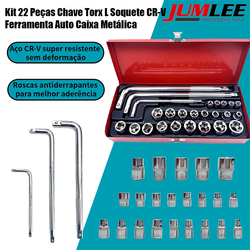 Jogo de Soquetes E-Torx Fêmea 25 Peças Aço CR-V com 3 Chaves L Profissional para Manutenção Automotiva