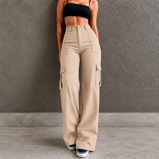 Calça Cargo Feminina Alfaiataria Cintura Alta  Bolsos Laterais