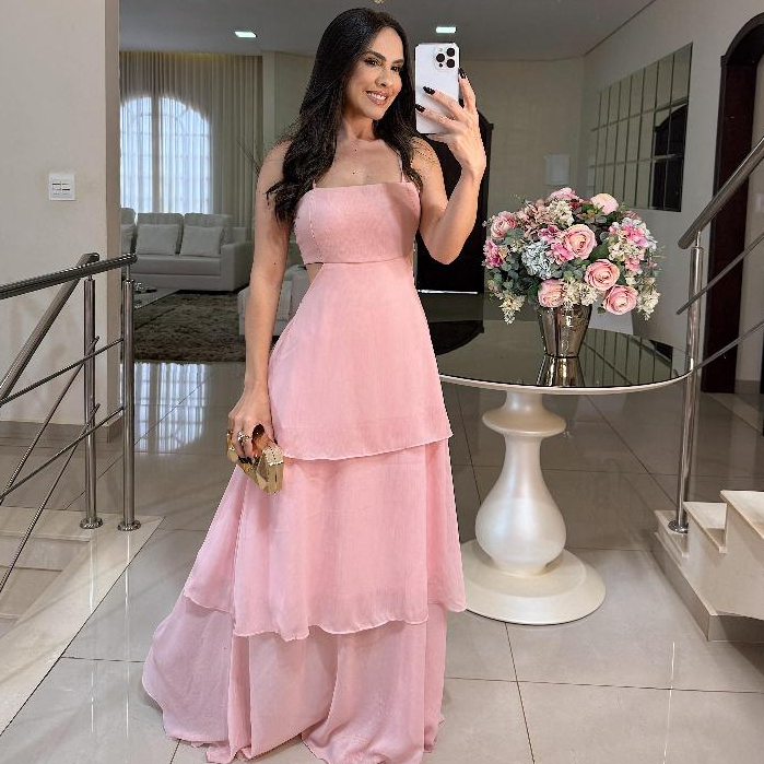 vestido longo feminino  de três maria para festas de casamento madrinha, no tecido chifon youryo com bojo forrado