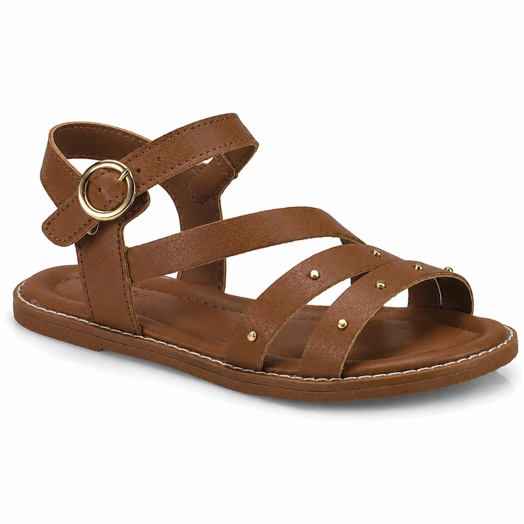 Sandália Infantil Feminina Pequito Rasteira Casual Comfort Strass Marrom 8020
