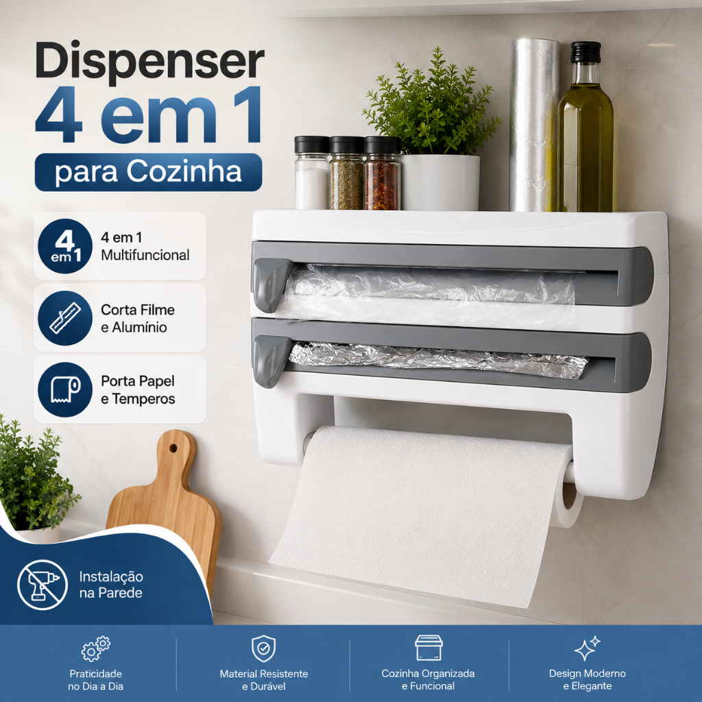 Dispenser 4 em 1 Cortador Filme Alumínio Porta Papel Toalha Temperos Organizador de Cozinha