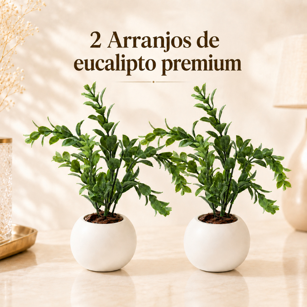 Kit 2 Cachepot Decorativo Arranjo Completo de Eucalipto Com Vaso