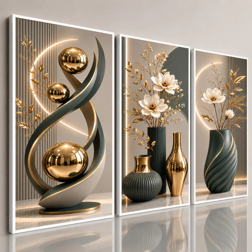 Kit 3 Quadros Sala De Estar Moderno Vasos Verde Escuro Esferas 3D E Flores Ouro Decoração Para Casa — imagem 1