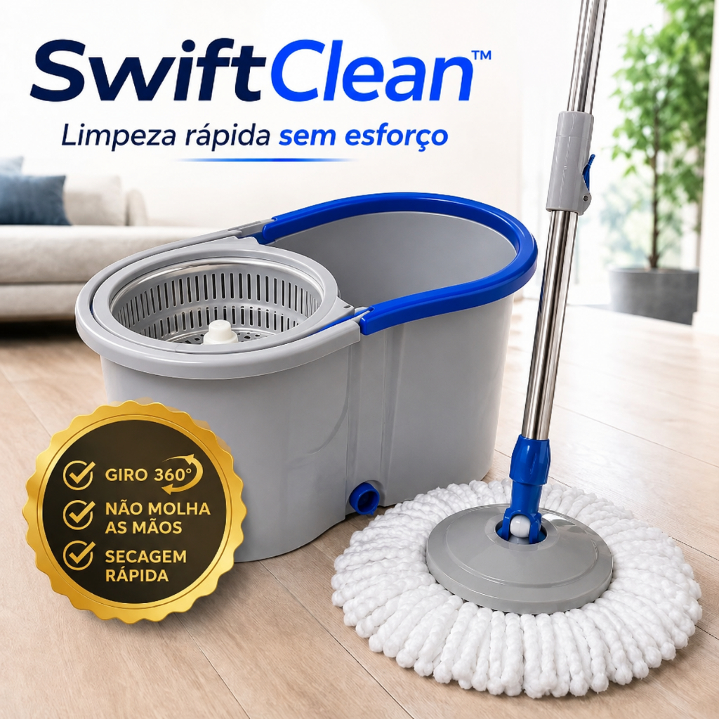 Mop Giratório Plástico 360° SwiftClean Balde 13 Litros com Centrífuga | Limpeza Prática e Secagem Rápida