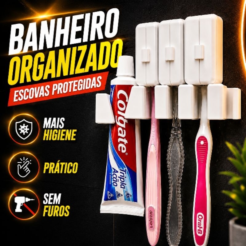 Kit Porta Escova E Pasta De Dente Suporte Parede + 4 Capas Protetoras Higiênicas Banheiro Sem Furar Parede PRETO BRANCO