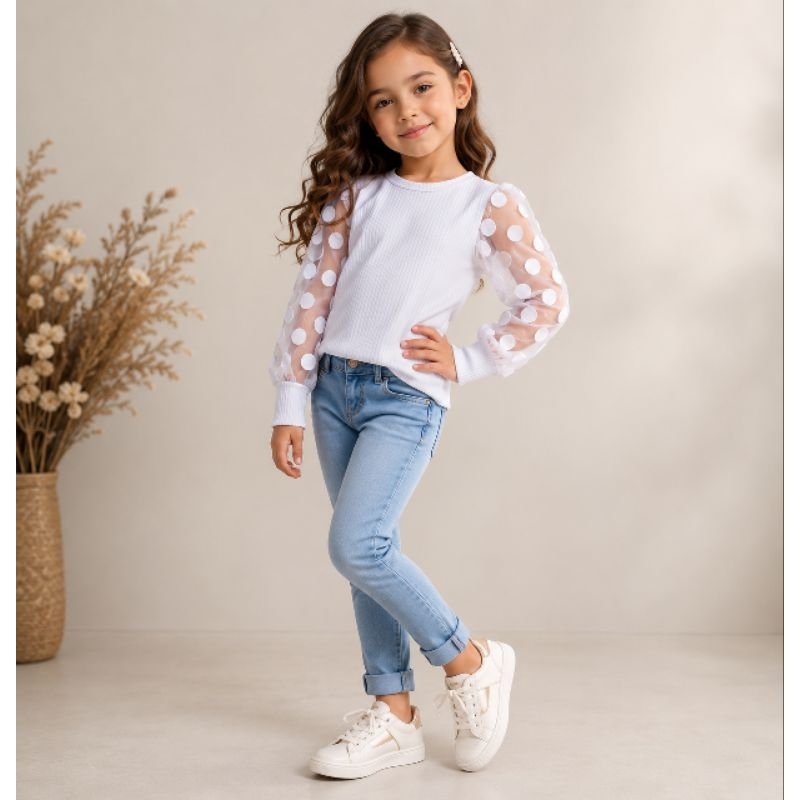Blusa Infantil Feminina Manga Longa Bufante Canelada Menina 2 ao 14 Anos Confortável
