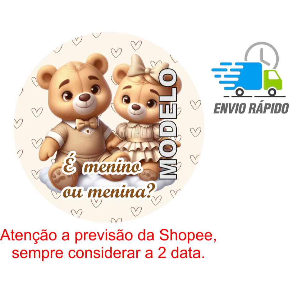80 Adesivos 4cm Chá Revelação Ursinhos Bege - Etiqueta - Rótulo Personalizado - Tag - Kit Festa